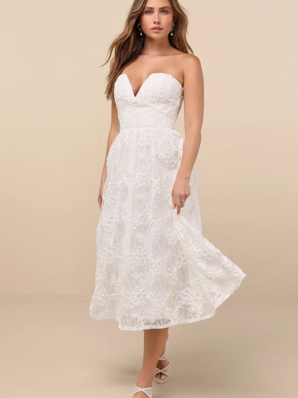 Lulu's Galena Ivory Lace Applique Strapless Midi Dress